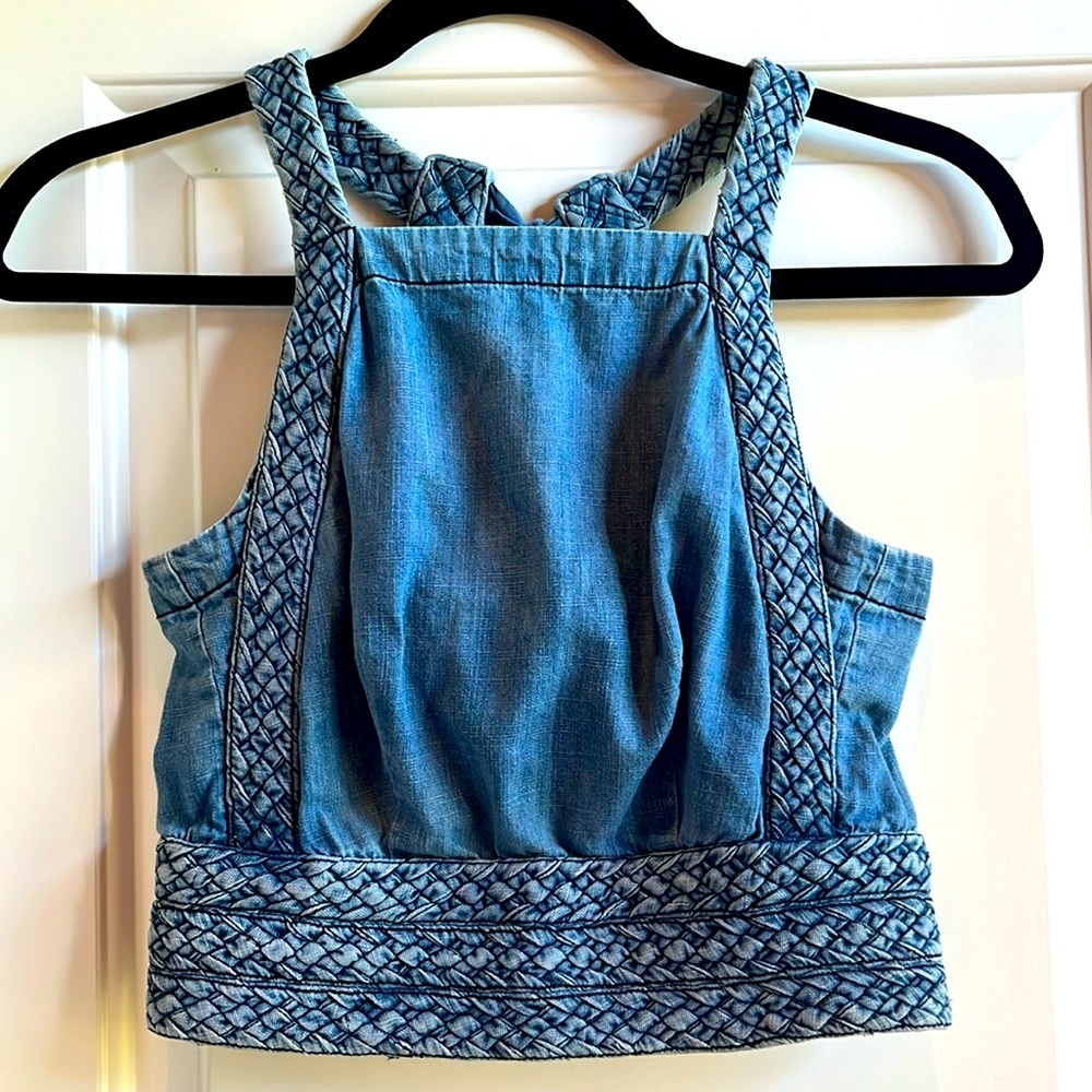 Denim open-back crop top with tie